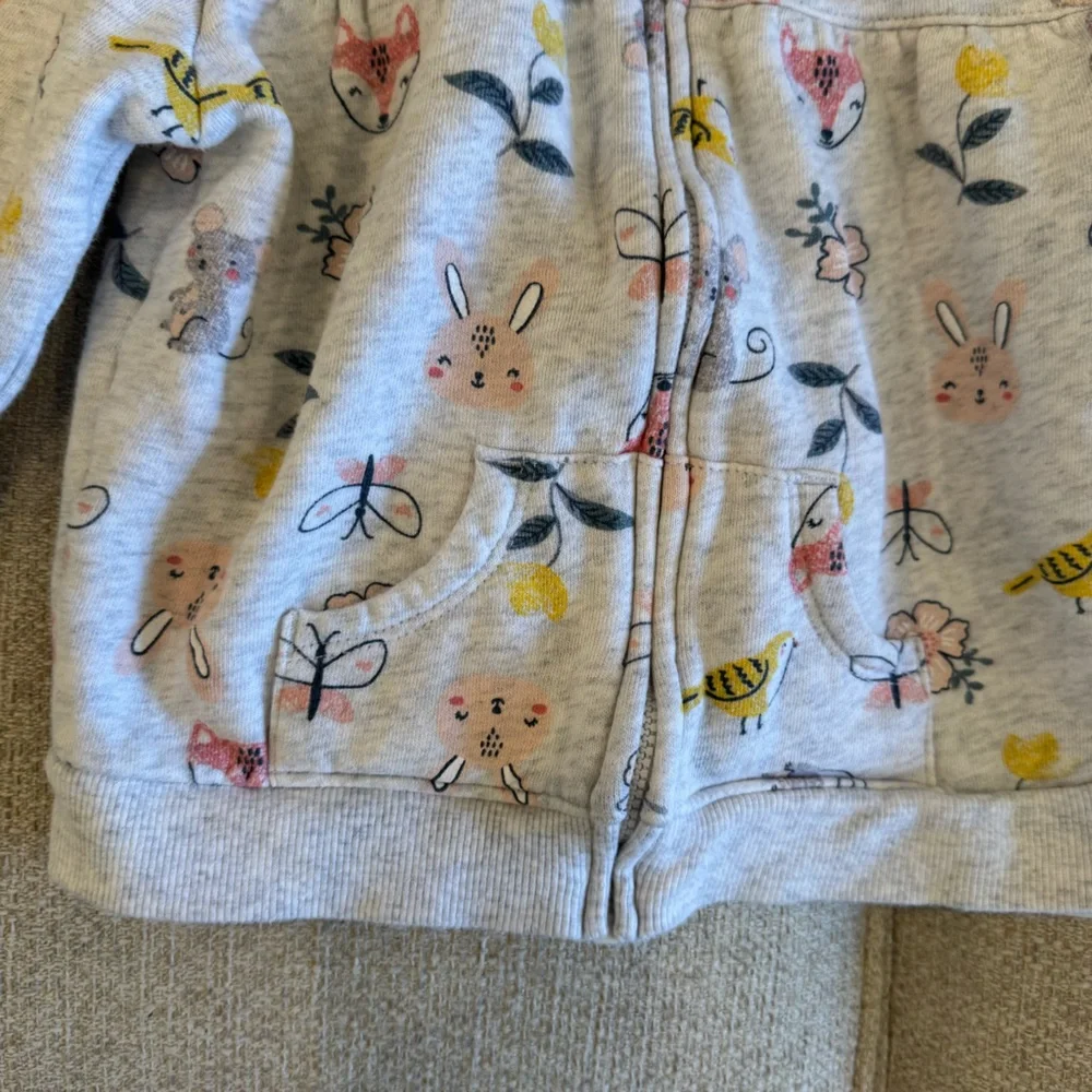 Kids Hooded Zip Jacket - Light Heather Gray with Floral & Animal Print